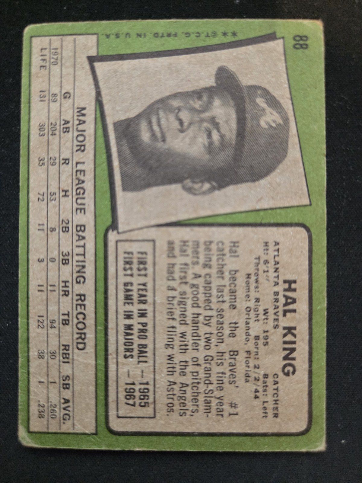 Hal King Topps #88 back