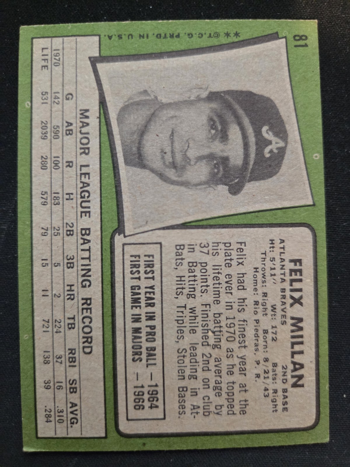 Felix Millan Topps #81 back