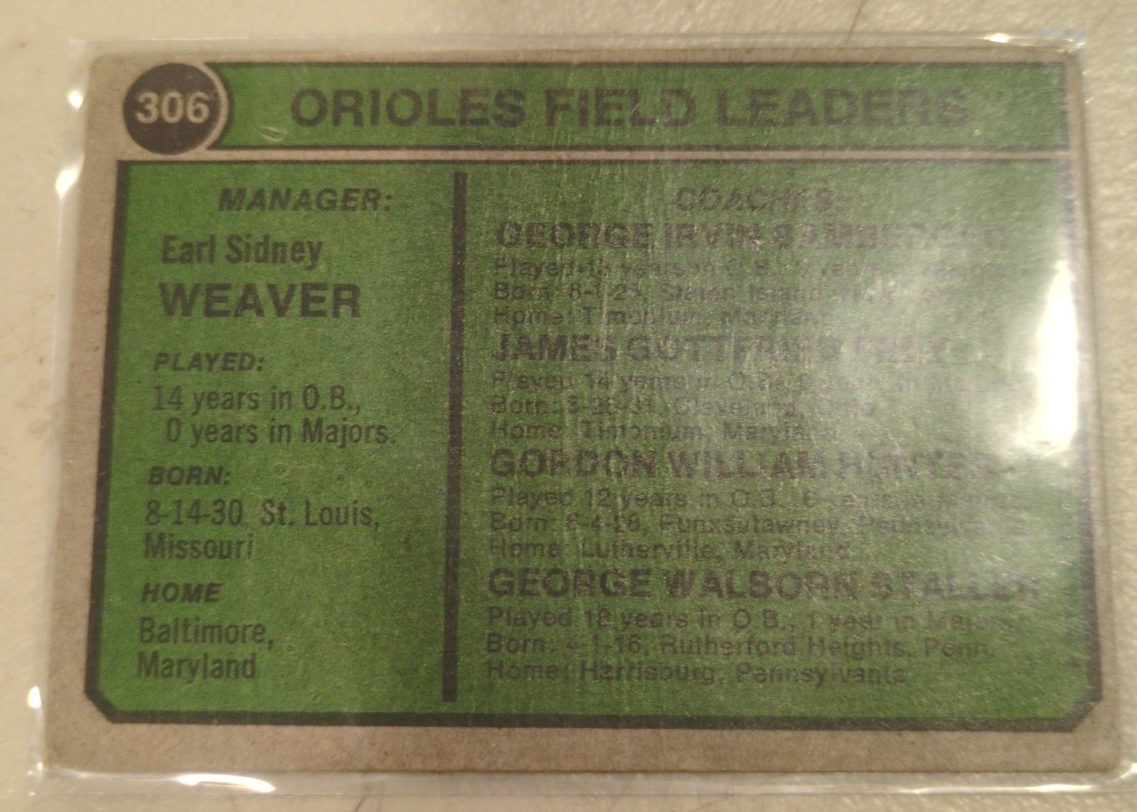 Earl Weaver 1974 Topps #306 back