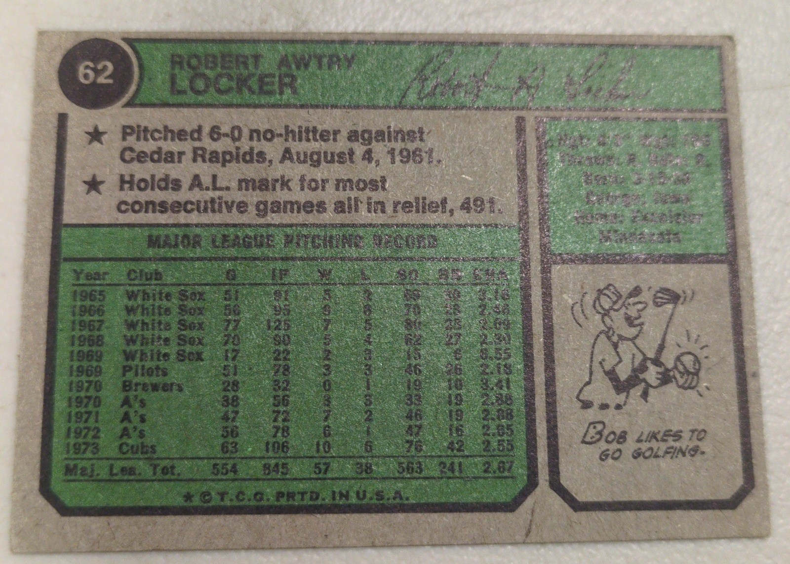Bob Locker 1974 Topps #62 back