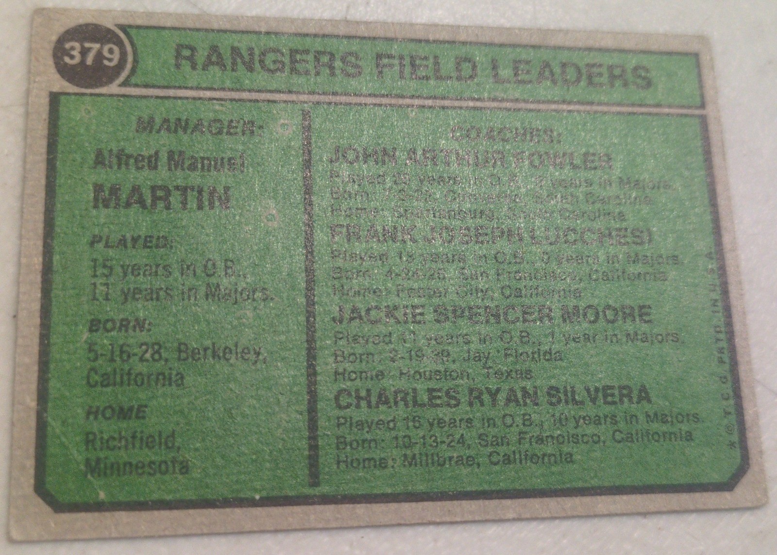 Billy Martin 1974 Topps #379 back