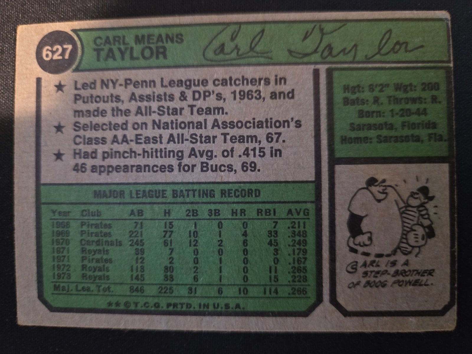 Carl Taylor Topps #627 back