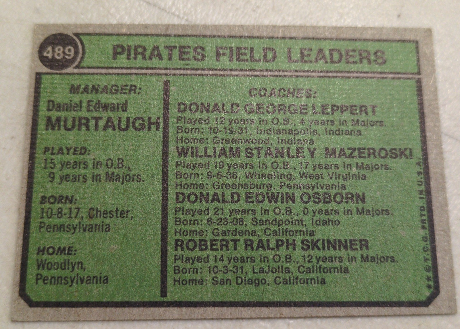Danny Murtaugh 1974 Topps #489 back