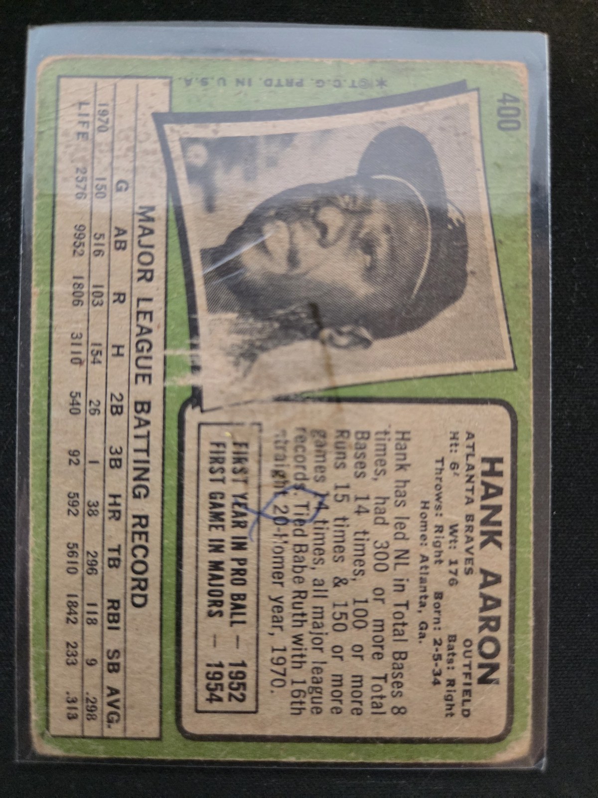 Hank Aaron Topps #400 back