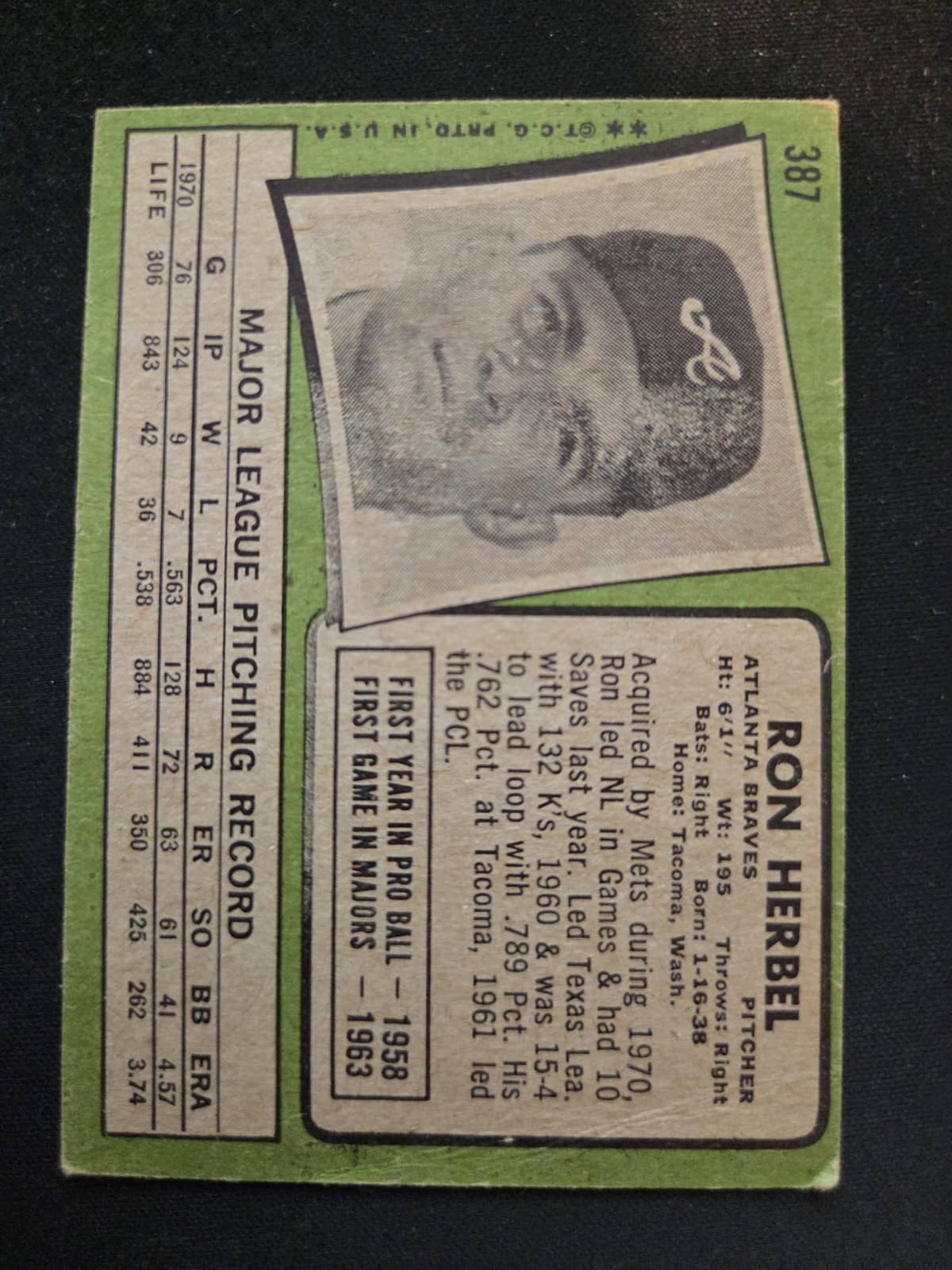 Ron Herbel Topps #387 back