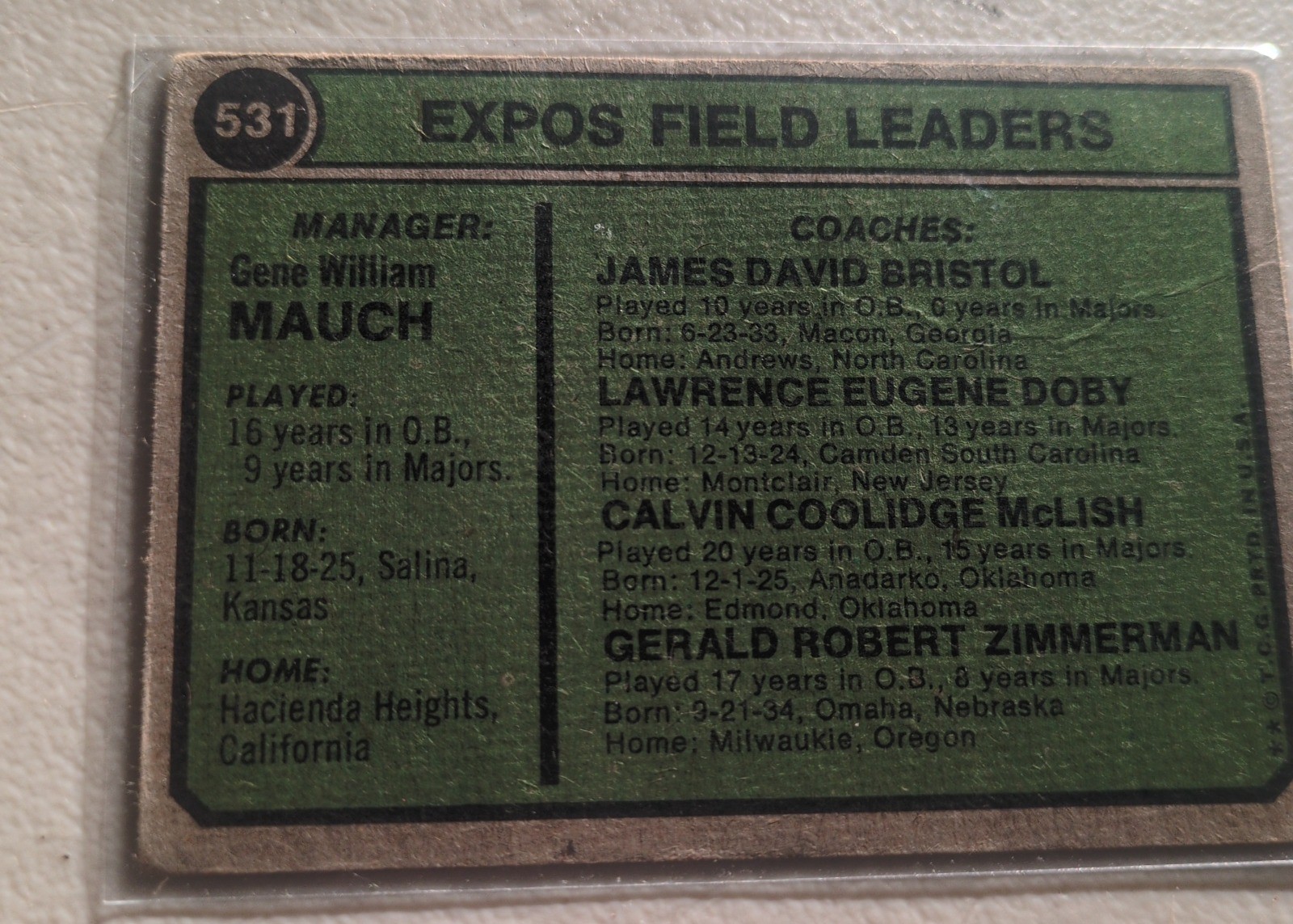 Gene Mauch 1974 Topps #531 back