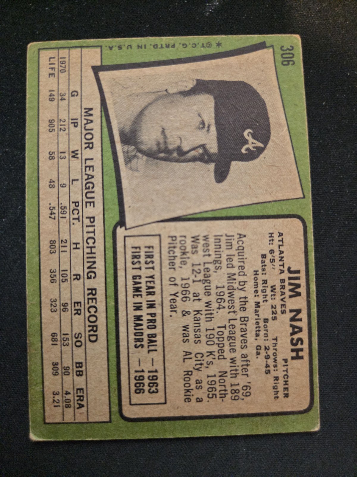 Jim Nash Topps #306 back