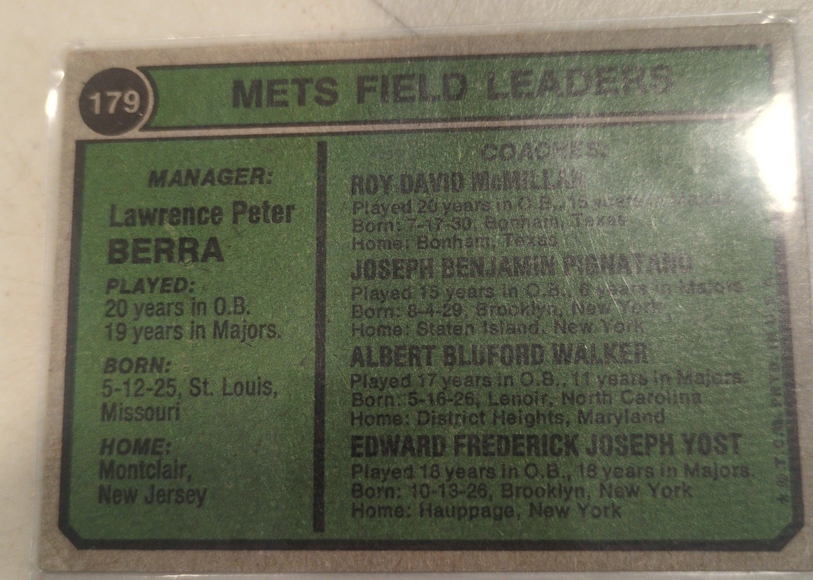 Yogi Berra 1974 Topps #179 back