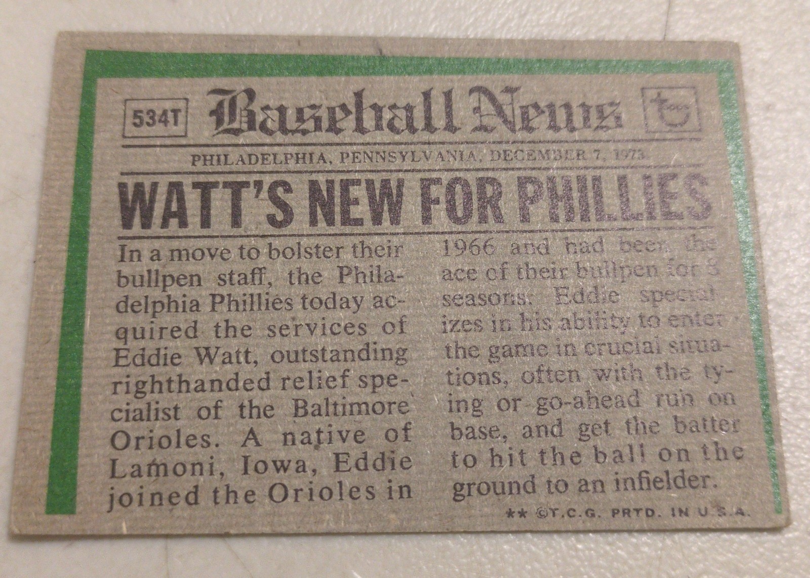 Eddie Watt 1974 Topps back