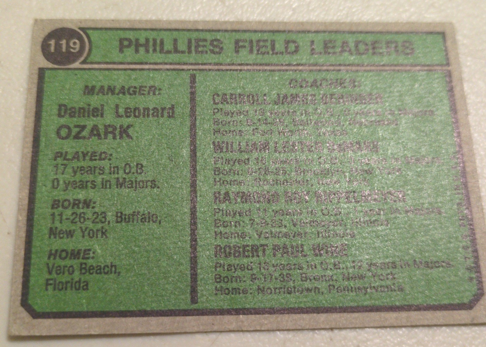 Danny Ozark 1974 Topps #119 back