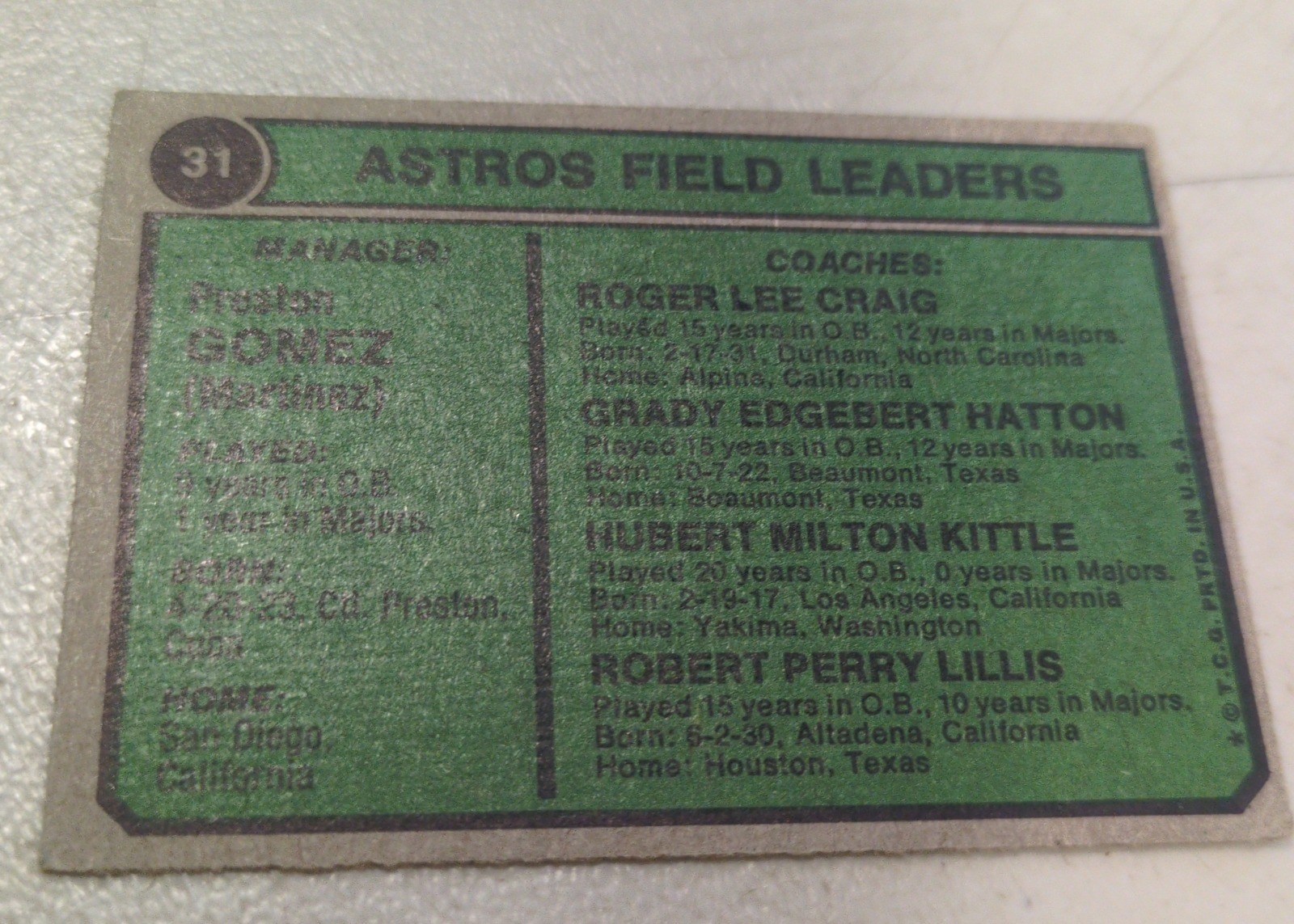 Preston Gomez 1974 Topps #31 back