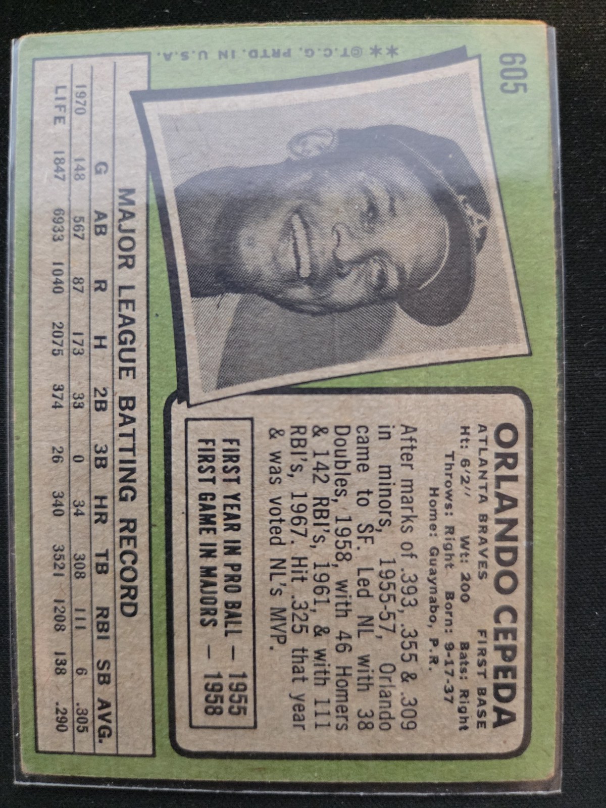 Orlando Cepeda Topps #605 back