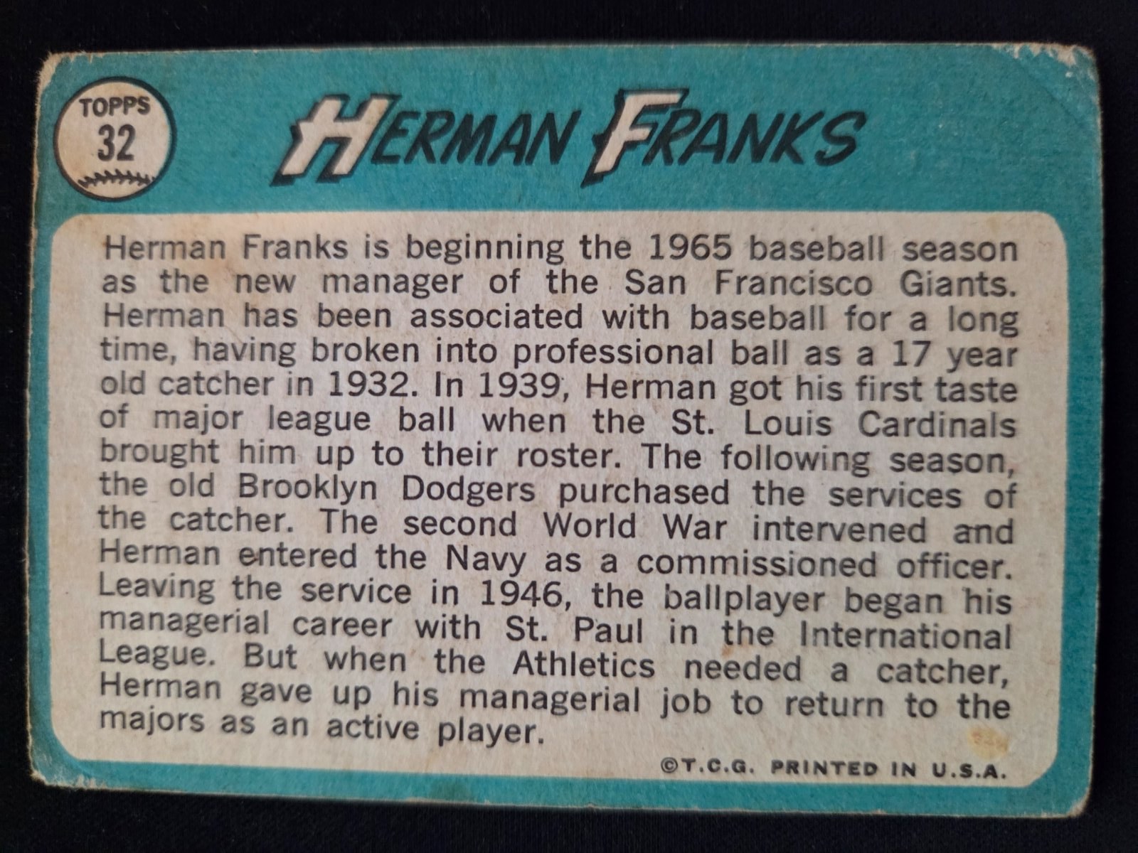 Herman Franks 1965 Topps #32 back