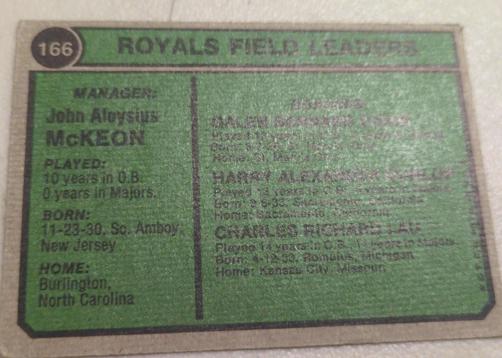 Jack McKeon 1974 Topps #166 back