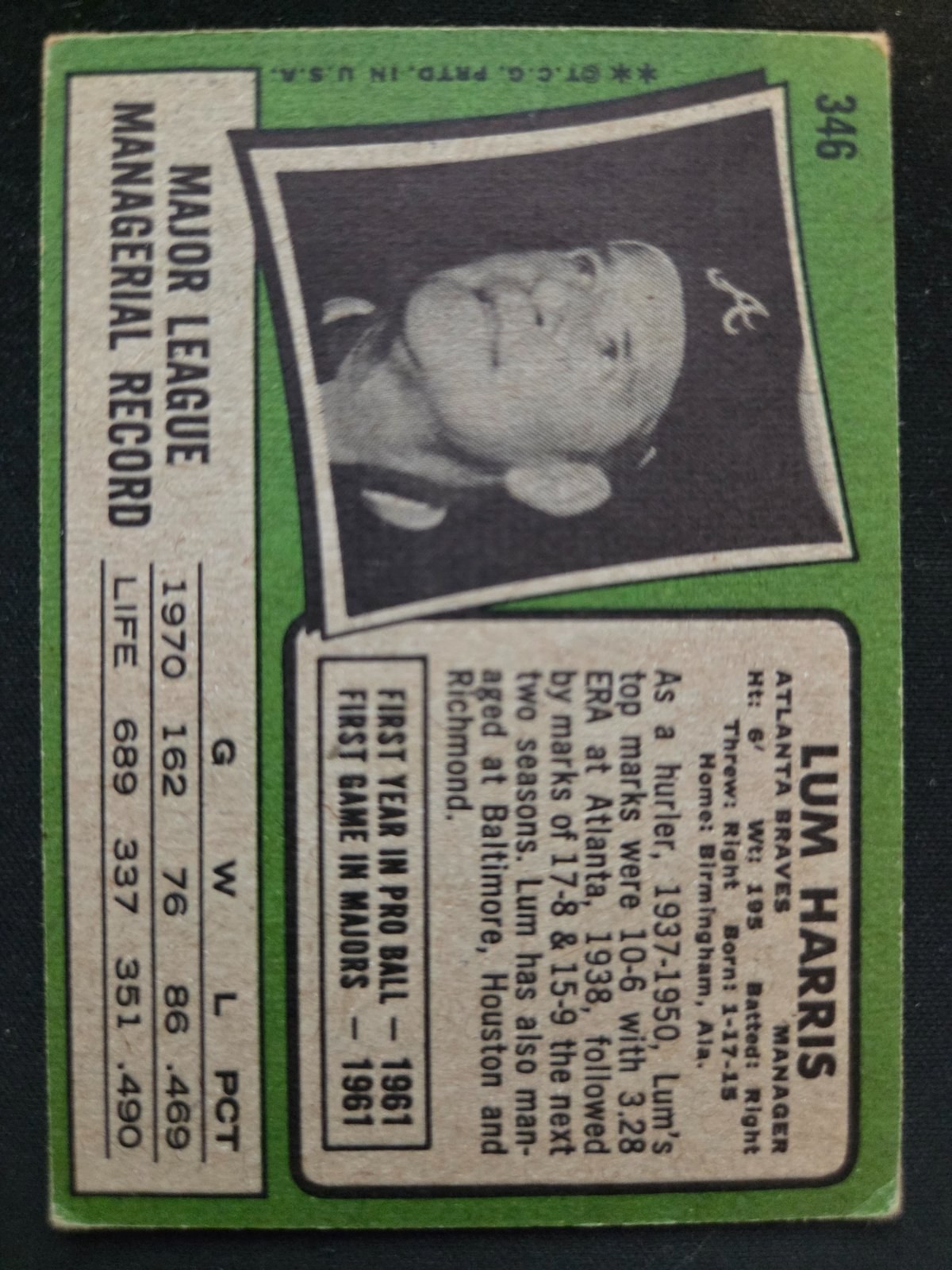 Lum Harris 1971 Topps #346 back